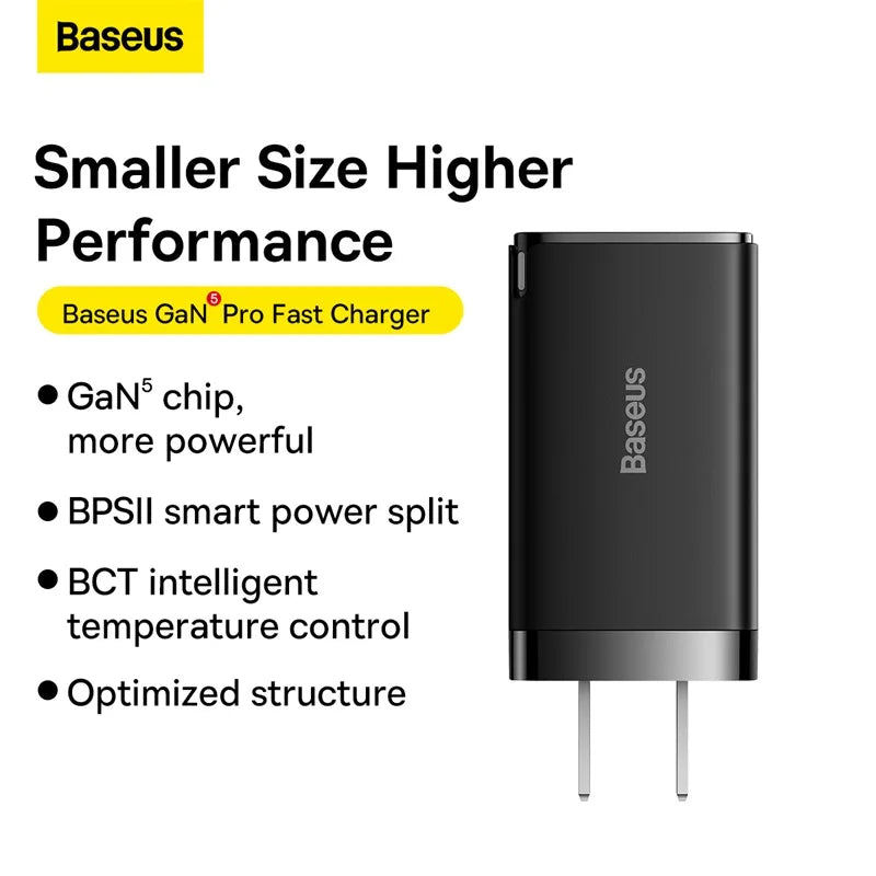 Baseus GaN5 Pro 65W Fast Charger 2X Type-C 1X USB Port CN For MacBook Laptop Phone With Type-C to Type-C 100W Cable 20V 5A 1m Black CCGP120001